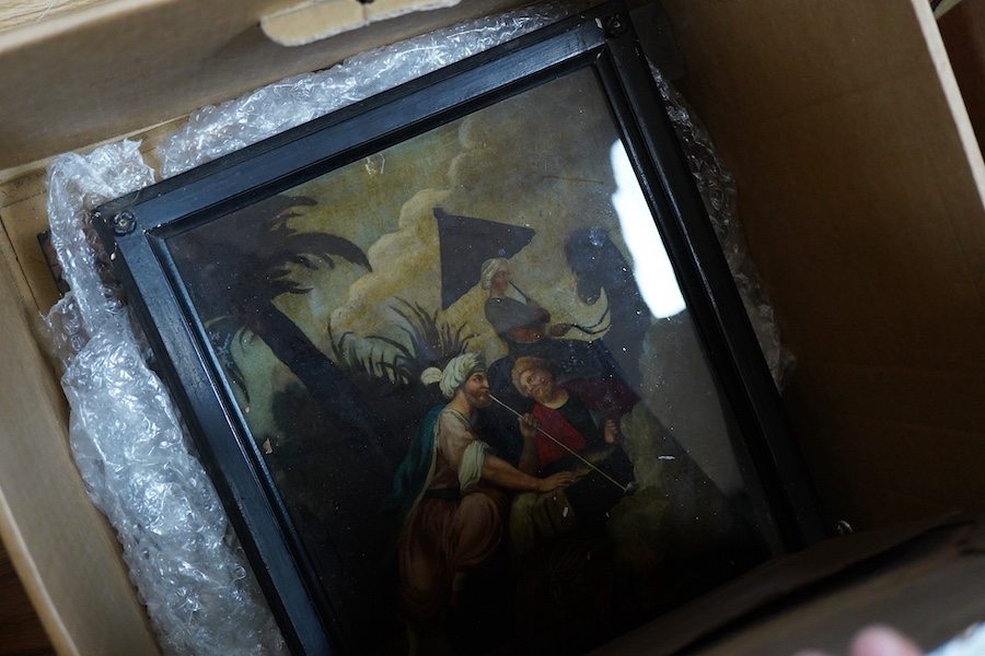 Five 19th century reverse glass painted prints to include after Amiconi, ‘See Europe Here!’, printed for and sold by B. Sayer, London, two damaged, framed, overall 41 x 30cm